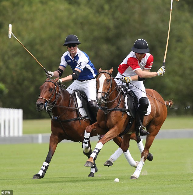 Going head to head: William, left, and Harry, right, played on opposite teams for the charity polo match in Surrey
