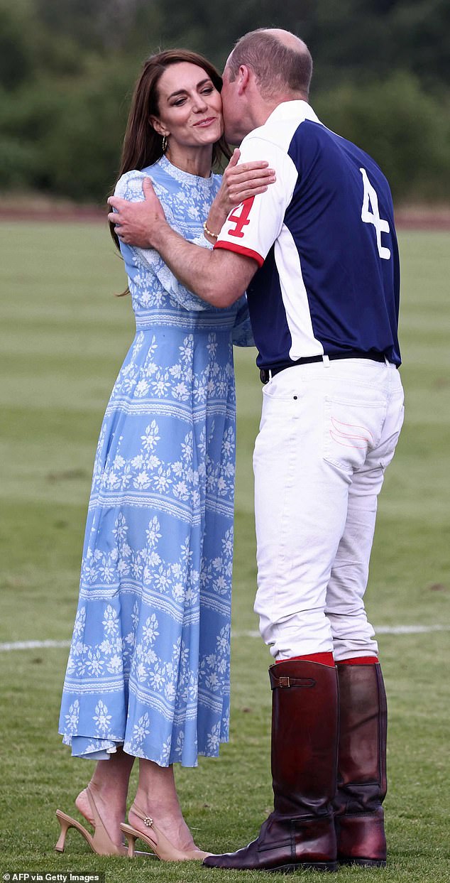 Formal: While the Princess of Wales, 41, frequently offers a 'love pat' to William when they're out at official engagements, the Prince struggled to look quite so at ease with PDAs at the polo in Windsor in July - resulting in an awkward clinch