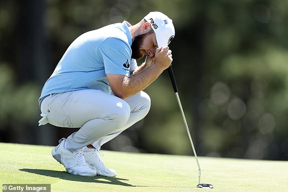 AUGUSTA, GEORGIA - APRIL 12: Tyrrell Hatton of England reacts on the 18th green during the second round of the 2024 Masters Tournament at Augusta National Golf Club on April 12, 2024 in Augusta, Georgia. (Photo by Warren Little/Getty Images)