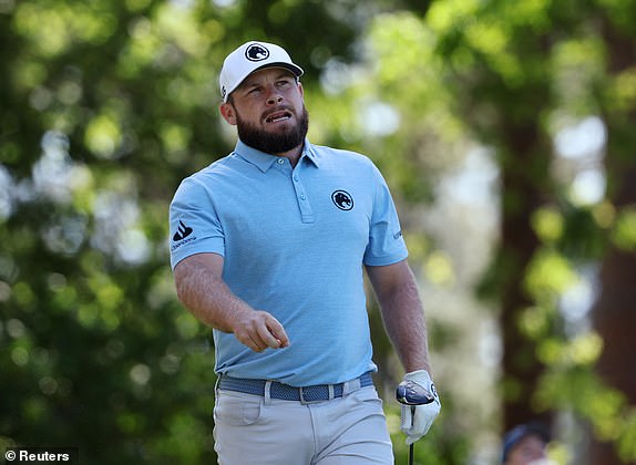 Golf - The Masters - Augusta National Golf Club, Augusta, Georgia, U.S. - April 12, 2024 England's Tyrrell Hatton reacts after hitting his tee shot on the 4th hole during the second round REUTERS/Mike Segar