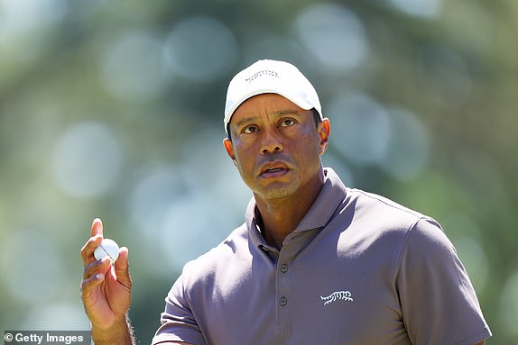 AUGUSTA, GEORGIA - APRIL 12: Tiger Woods of the United States reacts on the eighth green during the second round of the 2024 Masters Tournament at Augusta National Golf Club on April 12, 2024 in Augusta, Georgia. (Photo by Andrew Redington/Getty Images)