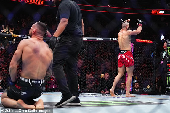LAS VEGAS, NEVADA - APRIL 13: (R-L) Jiri Prochazka of the Czech Republic reacts to his knockout win over Aleksandar Rakic of Austria in a light heavyweight fight during the UFC 300 event at T-Mobile Arena on April 13, 2024 in Las Vegas, Nevada.  (Photo by Chris Unger/Zuffa LLC via Getty Images)
