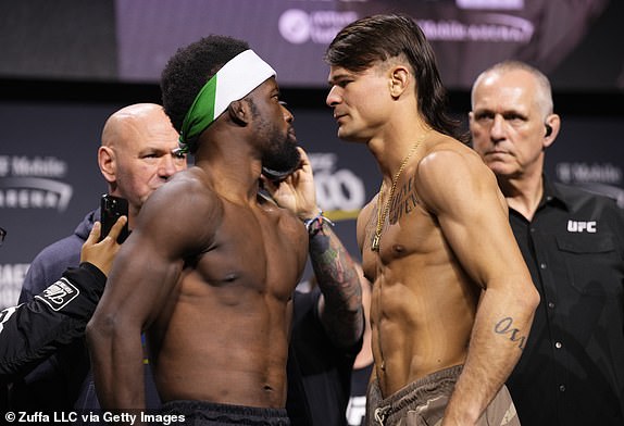 LAS VEGAS, NEVADA - APRIL 12: (L-R) Opponents Sodiq Yusuff of Nigeria and Diego Lopes of Brazil face off during the UFC 300 ceremonial weigh-in at MGM Grand Garden Arena on April 12, 2024 in Las Vegas, Nevada. (Photo by Mike Roach/Zuffa LLC via Getty Images)