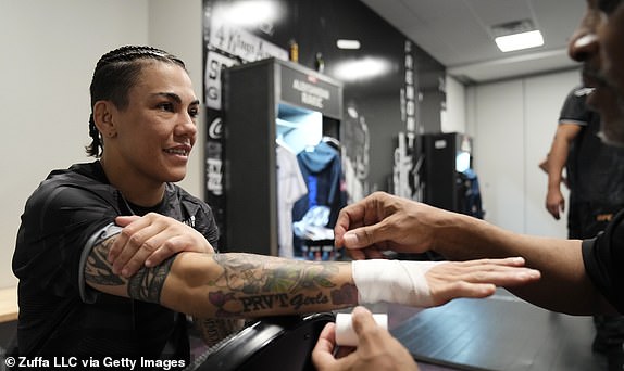 LAS VEGAS, NEVADA - APRIL 13: Jessica Andrade of Brazil has her hands wrapped prior to her fight during the UFC 300 event at T-Mobile Arena on April 13, 2024 in Las Vegas, Nevada.  (Photo by Mike Roach/Zuffa LLC via Getty Images)