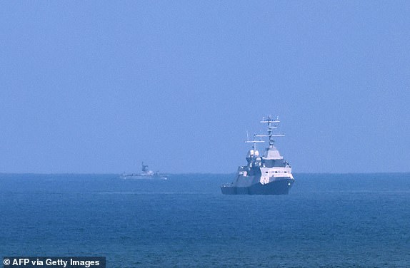 Israeli warships patrol off the coast of the Israeli coastal city of Netanya, on April 14, 2024. Iran launched its first-ever direct attack on Israeli territory late on April 13, marking a major escalation of the long-running covert war between the regional foes and sparking fears of a broader conflict breaking out. (Photo by JACK GUEZ / AFP) (Photo by JACK GUEZ/AFP via Getty Images)
