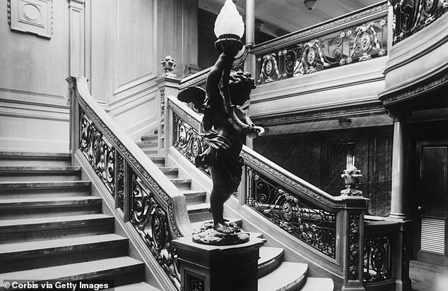 Pictured: The aft grand staircase on the RMS Olympic, Titanic's sister ship, thought to be identical to Titanic's