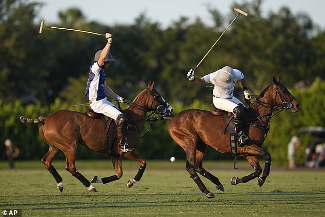 Prince Harry pursues Argentine professional polo player Nacho Figueras during the 2024 Royal Salute Polo Challenge to Benefit Sentebale