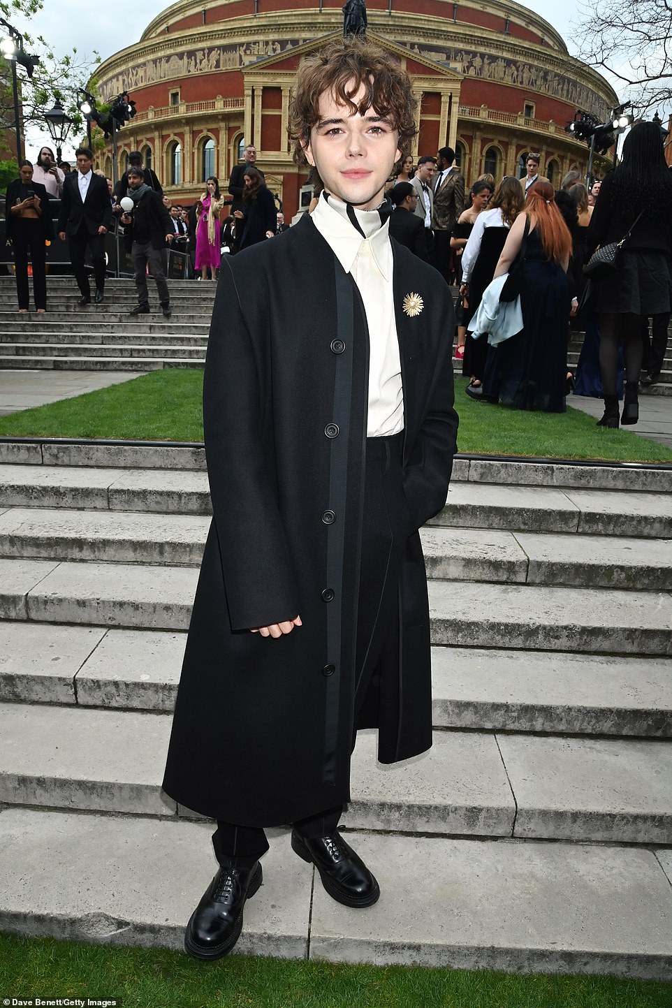Jack Wolfe, who is up for Best Actor in a supporting role in a musical for Next to Normal, looked fashion forward in a black coat, collared shirt and satin neckerchief