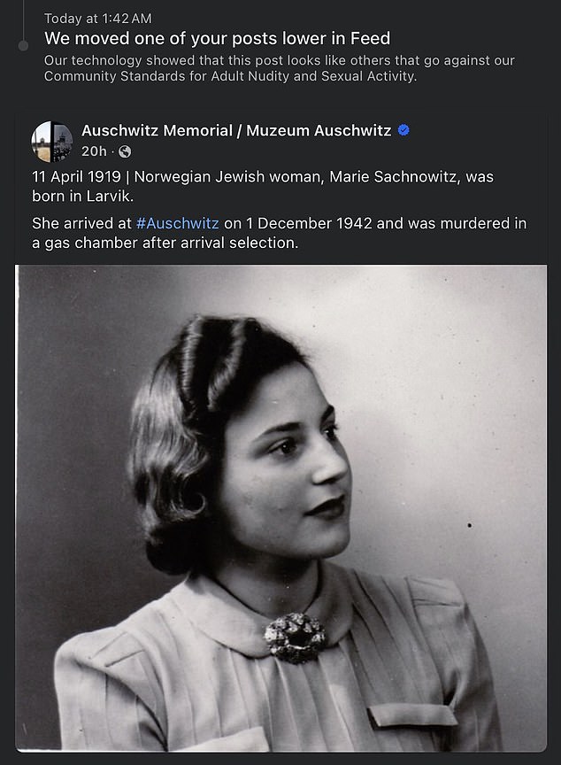 Die Norwegerin Marie Sachnowitz wurde nach ihrer Ankunft im Dezember 1942 in einer Gaskammer ermordet. Laut Facebook verstieß der Beitrag gegen die Standards für „Nacktheit und sexuelle Aktivität von Erwachsenen“.