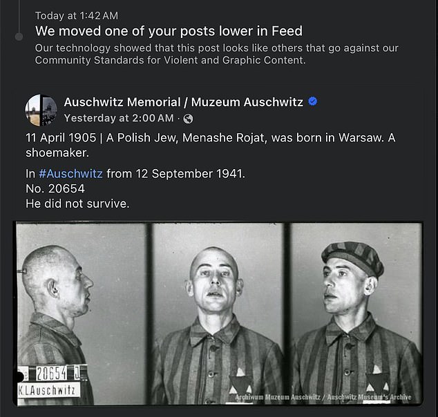 Dieser Beitrag aus der Gedenkstätte Auschwitz über den polnischen Juden Menashe Rojat, Häftlingsnummer 20654, wurde von Facebook als „gewalttätiger und grafischer Inhalt“ entfernt.