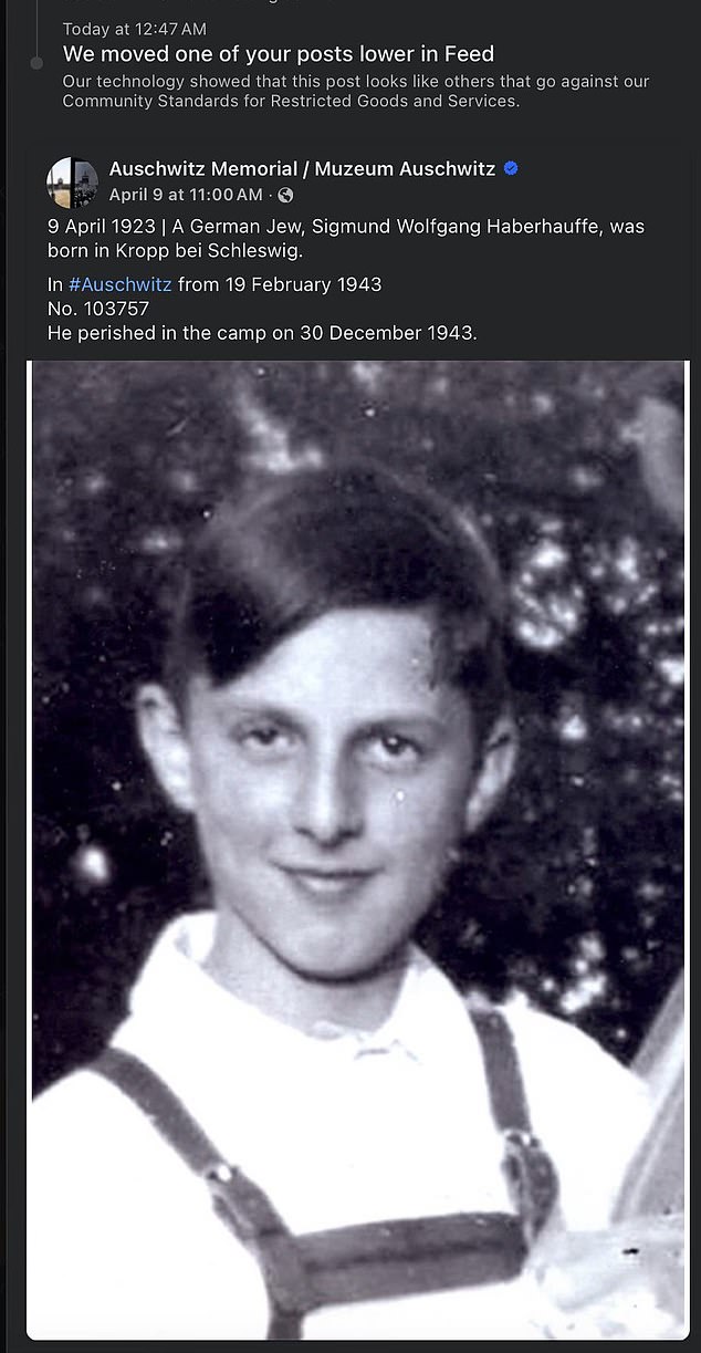 Der deutsche Jude Sigmund Wolfgang Haberhauffe wurde im Februar 1943 in Auschwitz inhaftiert, wo er die Häftlingsnummer 103757 erhielt. Zehn Monate später, am 30. Dezember, starb er im Lager. Facebook löschte sein Bild, weil es gegen die Standards für „Eingeschränkte Waren und Dienstleistungen“ verstieß.