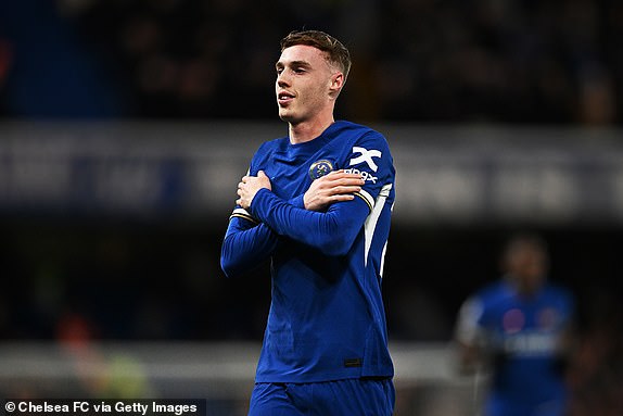 LONDON, ENGLAND - APRIL 15: Cole Palmer of Chelsea celebrates scoring his team's third goal, his hat-trick, during the Premier League match between Chelsea FC and Everton FC at Stamford Bridge on April 15, 2024 in London, England. (Photo by Darren Walsh/Chelsea FC via Getty Images)