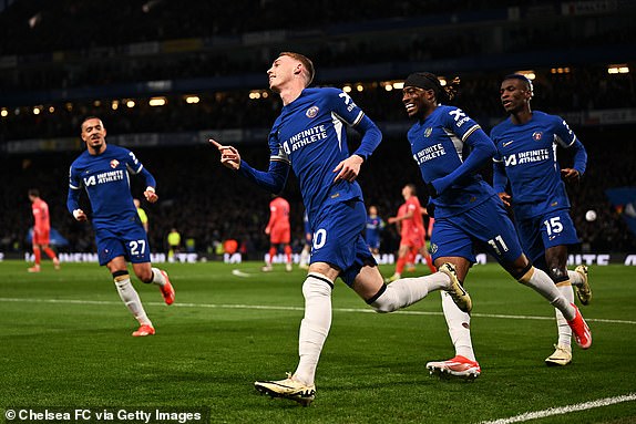 LONDON, ENGLAND - APRIL 15: Cole Palmer of Chelsea celebrates scoring his team's first goal during the Premier League match between Chelsea FC and Everton FC at Stamford Bridge on April 15, 2024 in London, England. (Photo by Darren Walsh/Chelsea FC via Getty Images)