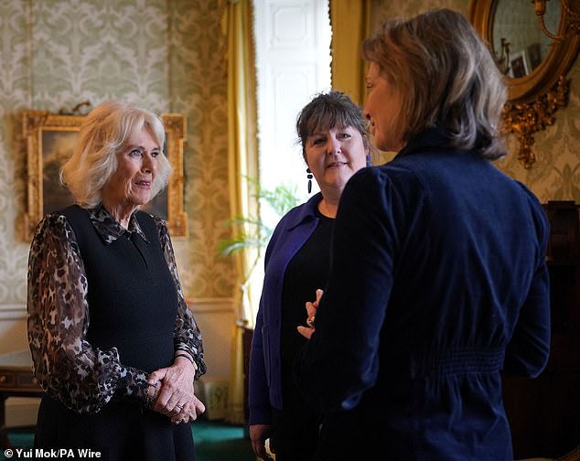 Queen Camilla, Patron of SafeLives, (left) talks with Chief Executive SafeLives Ellen Miller and Chair of Trustees SafeLives Isabel Boyer