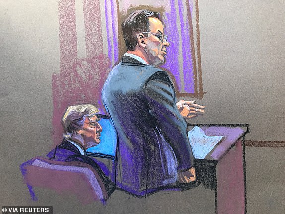 Prosecutor Joshua Steinglass, right, speaks while former U.S. President Donald Trump, left, sits in court during the second day of jury selection in his criminal hush money trial in Manhattan Criminal Court in New York City, New York, U.S. April 16, 2024 in this court sketch.   Christine Cornell/Pool via REUTERS