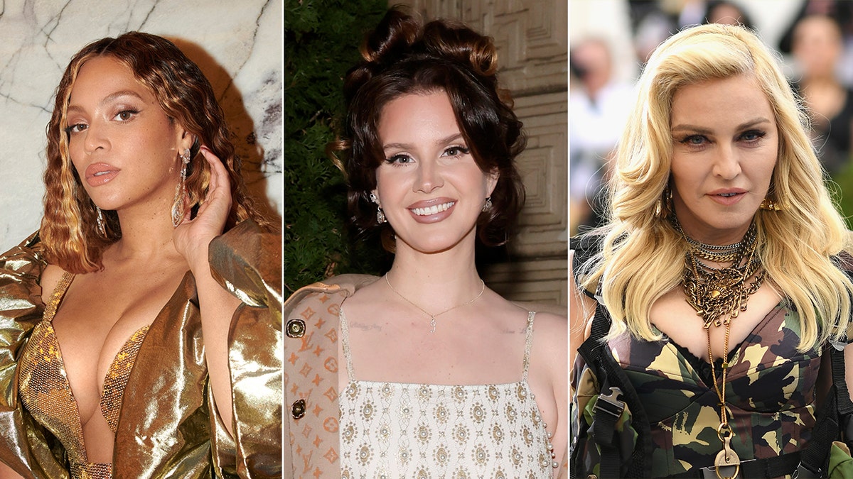 Beyoncé posiert in einem goldenen Pailletten-Top und einer goldenen Jacke, Lana Del Rey in einem weißen Kleid und einem Louis Vuitton-Mantel, Madonna auf dem Met Gala-Teppich