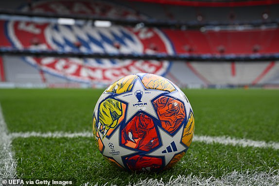 MUNICH, GERMANY - APRIL 17: A general view of the arena with the match ball prior to the UEFA Champions League quarter-final second leg match between FC Bayern MÃ¼nchen and Arsenal FC at Allianz Arena on April 17, 2024 in Munich, Germany. (Photo by Sebastian Widmann - UEFA/UEFA via Getty Images)