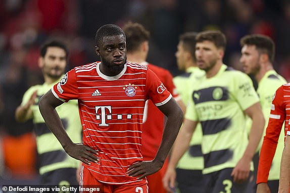 MUNICH, GERMANY - APRIL 19: Dayot Upamecano of Bayern Muenchen looks dejected after the UEFA Champions League quarterfinal second leg match between FC Bayern MÃ¼nchen and Manchester City at Allianz Arena on April 19, 2023 in Munich, Germany. (Photo by Roland Krivec/DeFodi Images via Getty Images)
