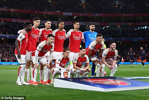 LONDON, ENGLAND - APRIL 09: Arsenal players pose for a team group photo prior to the UEFA Champions League quarter-final first leg match between Arsenal FC and FC Bayern MÃ¼nchen at Emirates Stadium on April 09, 2024 in London, England. (Photo by Marc Atkins/Getty Images) (Photo by Marc Atkins/Getty Images)