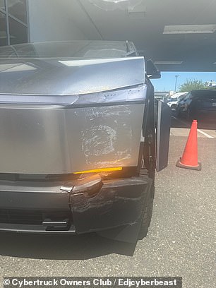 The Cybertruck owner posted photos of the damage to the car after the crash. A broken bumper cover can be seen here