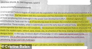 And one glowing performance review for Balan's work at Tesla reads 'she is often consulted by engineers from various departments when they come upon perplexing design and CAD challenges' (above)