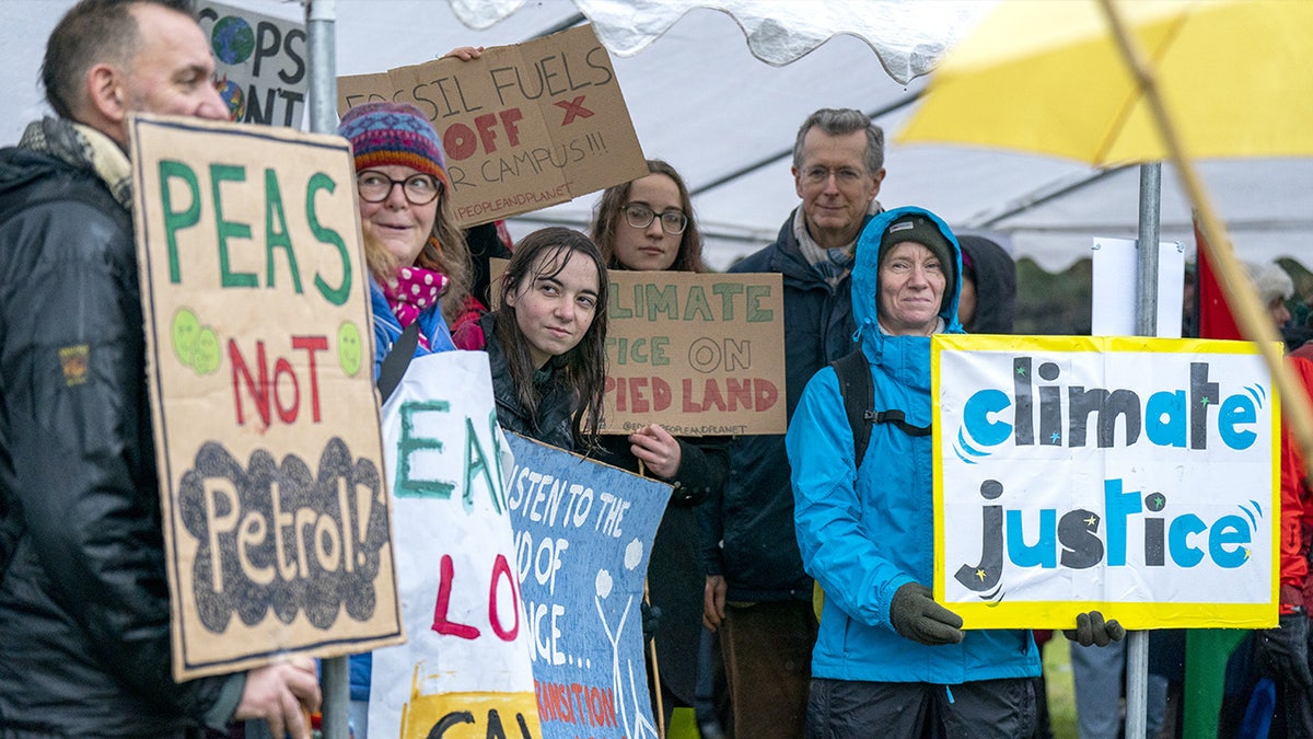 Klimademonstranten halten während eines Marsches Schilder hoch
