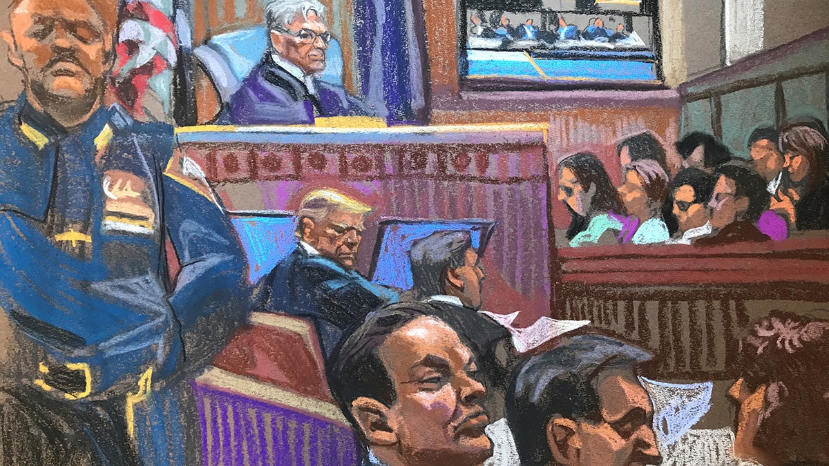 Eine Gerichtsskizze zeigt den zweiten Tag des Strafprozesses gegen den ehemaligen Präsidenten Donald Trump