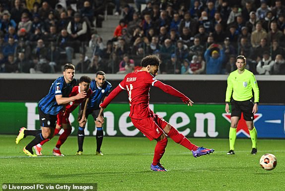 BERGAMO, ITALY - APRIL 18: (THE SUN OUT. THE SUN ON SUNDAY OUT) Mohamed Salah of Liverpool scores the opening goal  during the UEFA Europa League 2023/24 Quarter-Final second leg match between Atalanta and Liverpool FC at Stadio Atleti Azzurri d'Italia on April 18, 2024 in Bergamo, Italy. (Photo by John Powell/Liverpool FC via Getty Images)