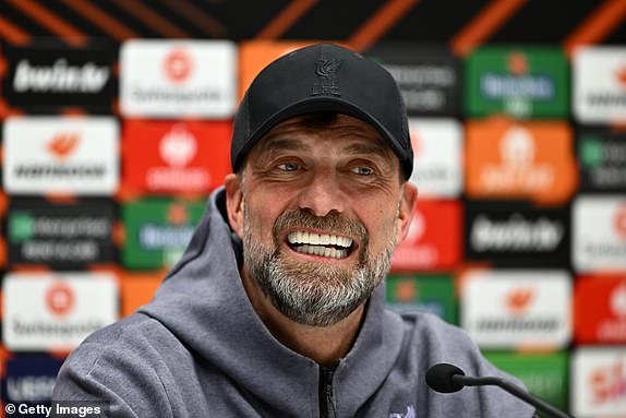 BERGAMO, ITALY - APRIL 17: Jurgen Klopp, Manager of Liverpool FC talks to the media during the UEFA Europa League 2023/24 quarter-final second leg press conference at Gewiss Stadium on April 17, 2024 in Bergamo, Italy. (Photo by Dan Mullan/Getty Images)