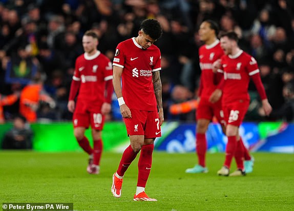 Liverpool's Luis Diaz appears dejected after Atalanta's Mario Pasalic scores their third goal of the game during the UEFA Europa League quarter-final, first leg match at Anfield, Liverpool. Picture date: Thursday April 11, 2024. PA Photo. See PA story SOCCER Liverpool. Photo credit should read: Peter Byrne/PA Wire. RESTRICTIONS: Use subject to restrictions. Editorial use only, no commercial use without prior consent from rights holder.