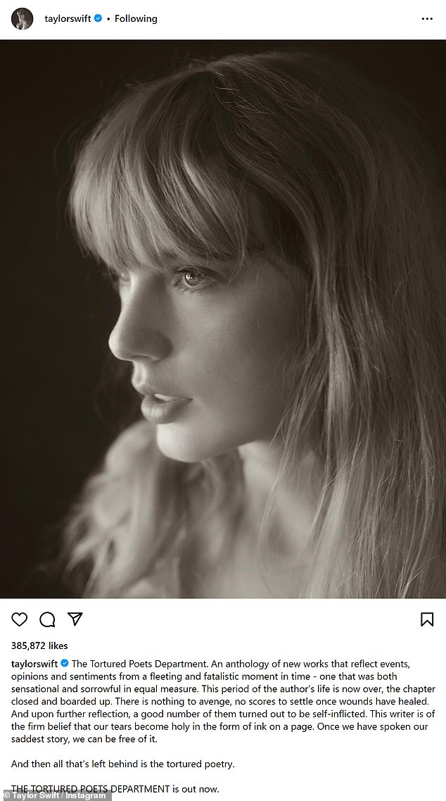As the album hit streaming platforms Thursday night, Swift published a lengthy statement on Instagram where she described it as 'an anthology of new works that reflect events, opinions and sentiments from a fleeting and fatalistic moment in time'