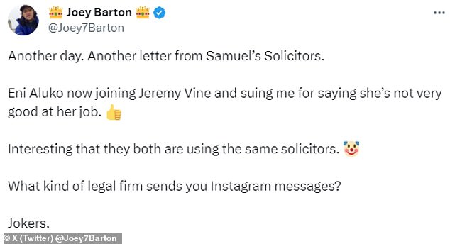 Barton nutzte die sozialen Medien, um Nachrichten eines Anwalts zu enthüllen, der behauptete, Aluko zu vertreten