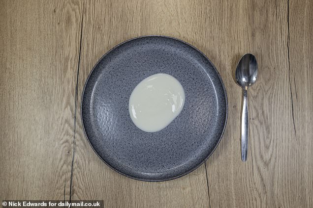According to recommended portion sizes you should only eat three tablespoons of yoghurt or 125ml (pictured left). Packs of natural yoghurt also suggest eating 100g which is about 100 calories