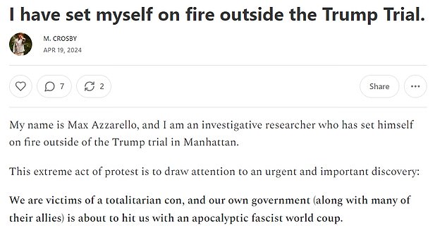 In einem kurz vor dem schrecklichen Vorfall veröffentlichten Beitrag heißt es: „Ich habe mich außerhalb des Trump-Prozesses selbst angezündet.“