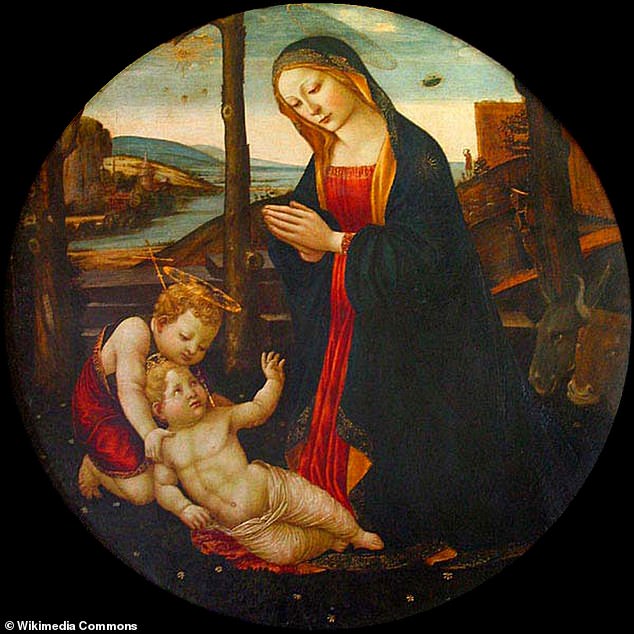 Über dem Gemälde aus dem 16. Jahrhundert mit dem Titel „Die Madonna mit dem Heiligen Giovannino“ handelt es sich vermutlich um ein Werk des italienischen Renaissancekünstlers Domenico Ghirlandaio.  Einige glauben, dass das Gemälde eine Anspielung auf „alte“ UFOs mit einem in den Himmel fliegenden Objekt über der linken Schulter der Jungfrau Maria enthält