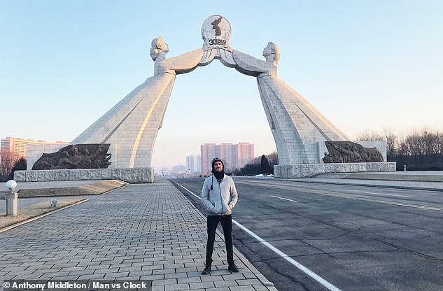 Anthony at the Arch of Reunification in Pyongyang