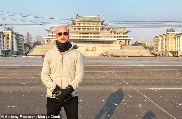 Here, Anthony is at Kim Il Sung Square in the Central District of Pyongyang