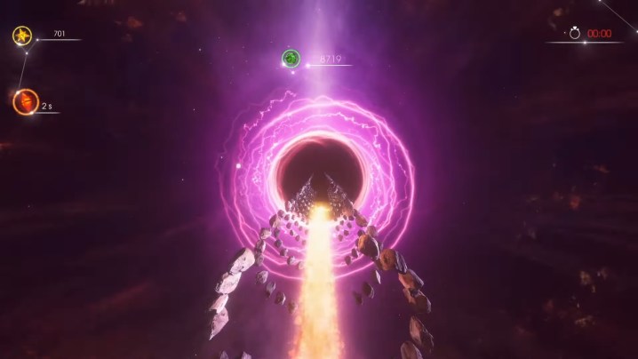 Ein Meteor fliegt auf ein violettes Loch zu.