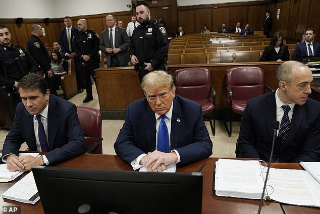 Der ehemalige Präsident Donald Trump erwartet den Beginn des Verfahrens während der Juryauswahl am Manhattaner Strafgericht am Donnerstag, 18. April 2024 in New York