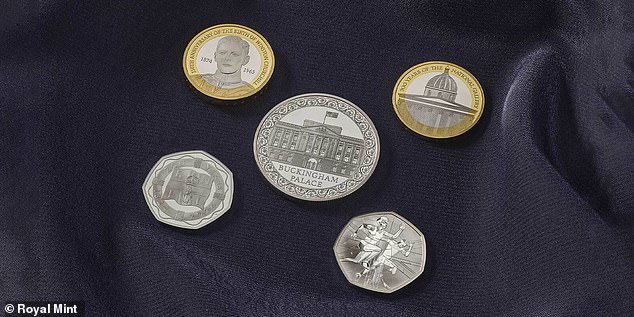 Gedenkmünze: Die Olympiamünze von Paris 2024 (unten rechts) wird nicht in Umlauf gebracht und ist nur als Teil des jährlichen Sammelmünzensatzes der Royal Mint erhältlich