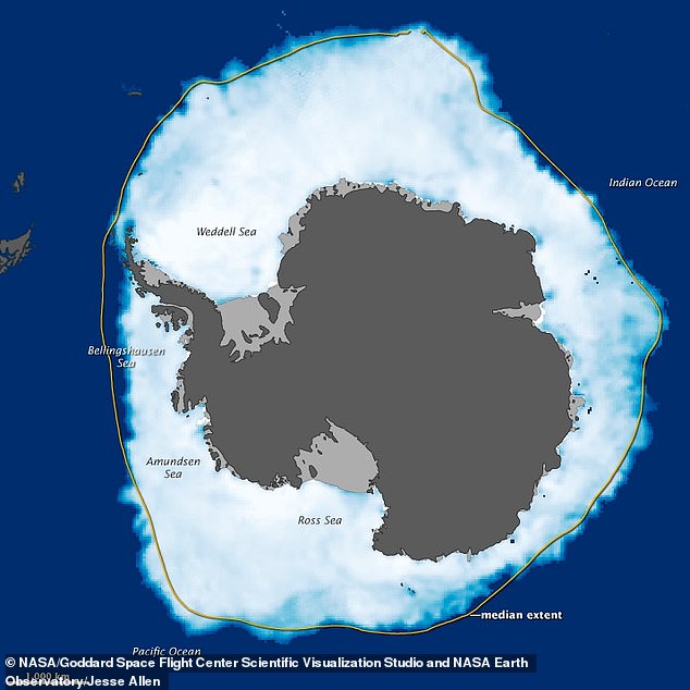 Ein Bild der Antarktis mit der Unterscheidung zwischen Landmasse (dunkelgrau), Eisschelfs (hellgrau) und Meereis (weiß).  Im Süden liegt das Ross-Schelfeis, das größte Eisschelf der Antarktis