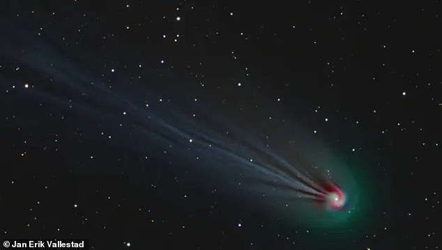 Der Komet sollte mit bloßem Auge als weißer Fleck sichtbar sein, während Teleskopaufnahmen wie diese die wirbelnden Gas- und Staubwolken erkennen lassen, die den Kern umgeben