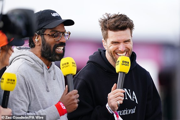 Romesh Ranganathan (left) and Joel Dommett speak to BBC Sport during the TCS London Marathon. Picture date: Sunday April 21, 2024. PA Photo. See PA story ATHLETICS London. Photo credit should read: Zac Goodwin/PA Wire.RESTRICTIONS: Use subject to restrictions. Editorial use only, no commercial use without prior consent from rights holder.