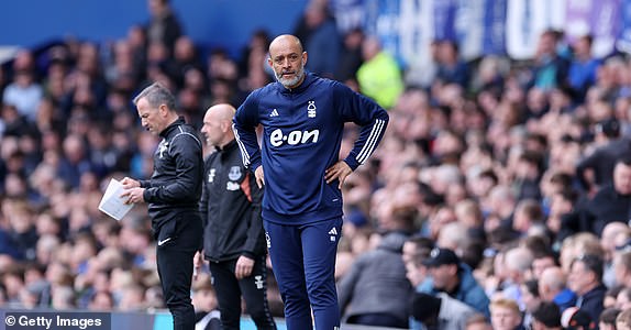 LIVERPOOL, ENGLAND - APRIL 21: Nuno Espirito Santo, Manager of Nottingham Forest, reacts during the Premier League match between Everton FC and Nottingham Forest at Goodison Park on April 21, 2024 in Liverpool, England. (Photo by Alex Livesey/Getty Images)