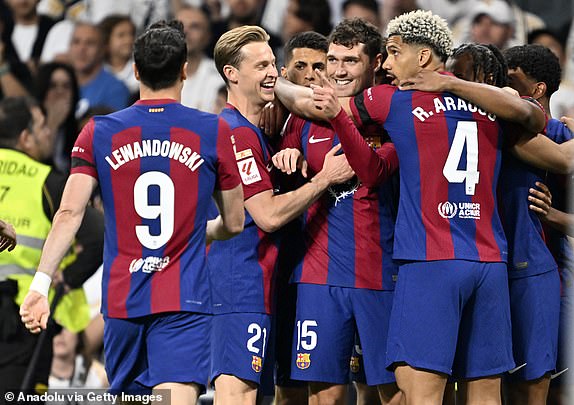MADRID, SPAIN - APRIL 21: Andreas Christensen (15) of Barcelona celebrates with team-mates after scoring a goal during the La Liga 32nd week football match between Real Madrid and Barcelona at Santiago Bernabeu Stadium in Madrid, Spain on April 21, 2024. (Photo by Burak Akbulut/Anadolu via Getty Images)