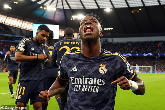 MANCHESTER, ENGLAND - APRIL 17: Vinicius Junior of Real Madrid celebrates during the UEFA Champions League quarter-final second leg match between Manchester City and Real Madrid CF at Etihad Stadium on April 17, 2024 in Manchester, England. (Photo by Marc Atkins/Getty Images) (Photo by Marc Atkins/Getty Images)