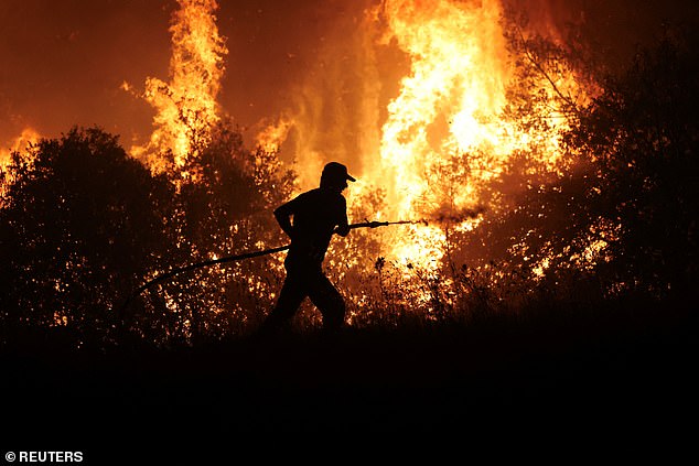 Ein Feuerwehrmann versucht am 26. Juli 2023, einen Waldbrand im Industriegebiet der Stadt Volos in Zentralgriechenland zu löschen