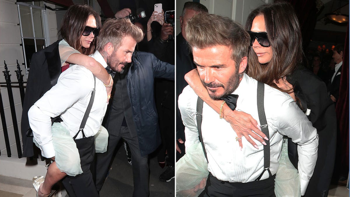 Nebeneinander Fotos von David Beckham, der Victoria Beckham auf dem Rücken trägt und ihre 50. Geburtstagsfeier verlässt