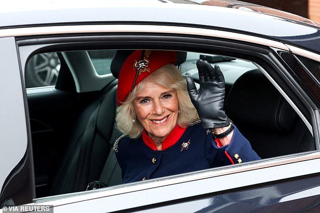 Queen Camilla sported a striking military-inspired outfit with chain mail at the shoulders as she visited The Royal Lancers in North Yorkshire for the first time since being appointed as their Colonel-in-Chief