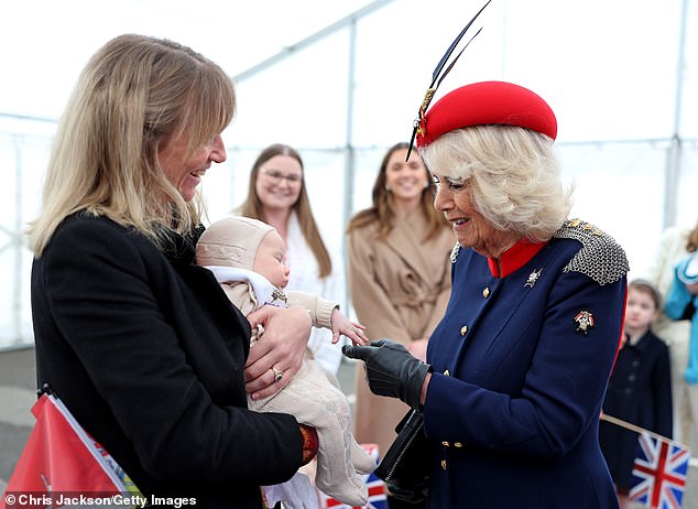 Queen Camilla meets families and members of the Old Comrades Association (OCA) at a reception during a visit to The Royal Lancers